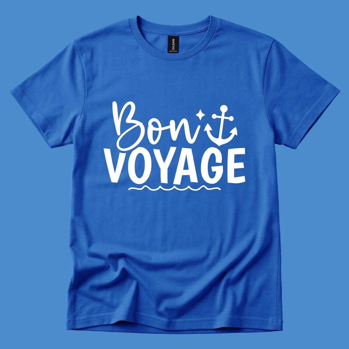 Bon Voyage text with anchor and waves design.