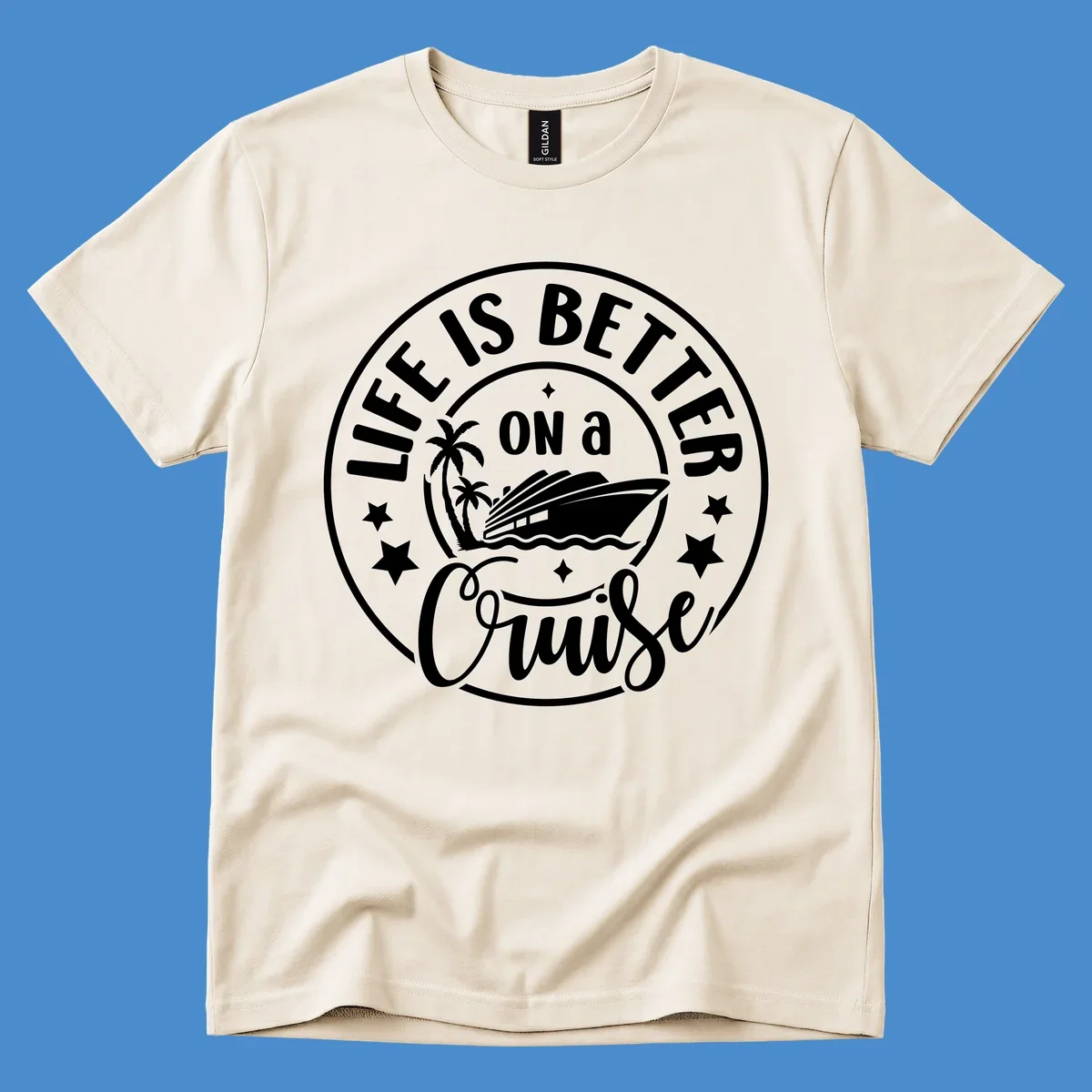 Circular badge design with text 'Life is Better On a Cruise' and cruise ship graphic.
