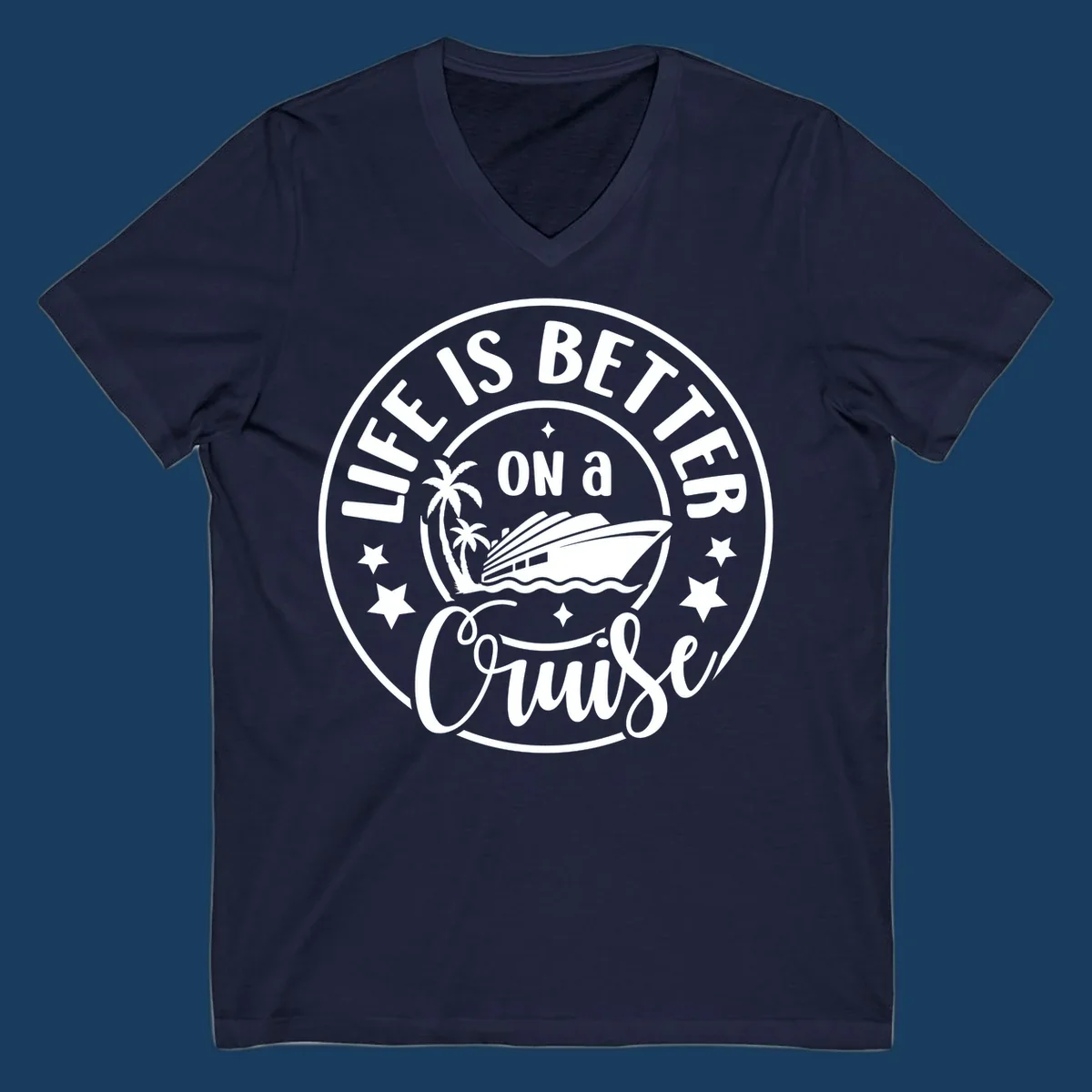 Circular badge design with text 'Life is Better On a Cruise' and cruise ship graphic.