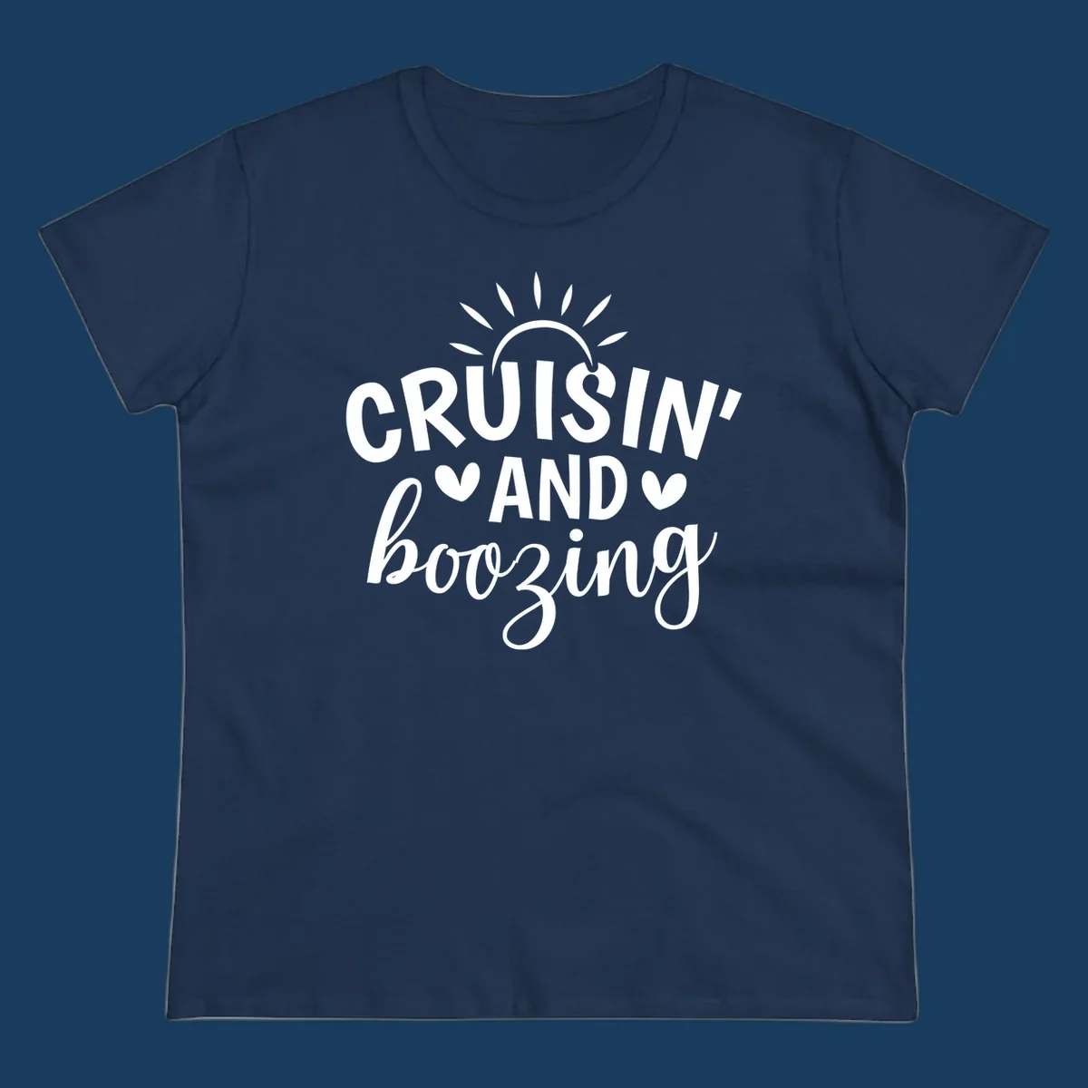 Cruisin' and Boozing text with sun and hearts graphic for a funny cruise shirt.