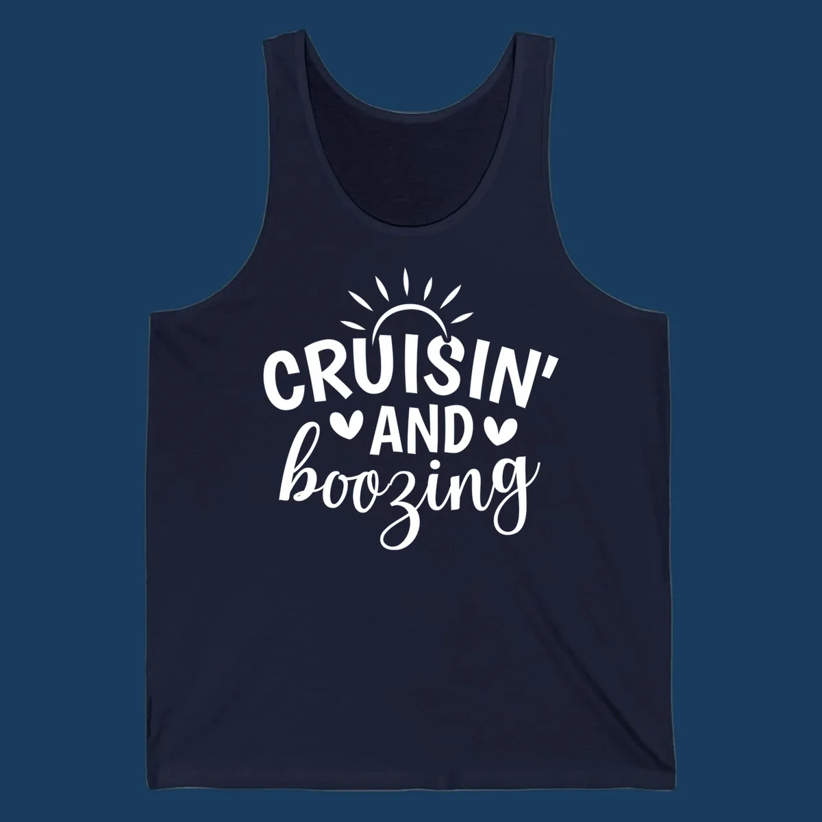 Cruisin' and Boozing text with sun and hearts graphic for a funny cruise shirt.