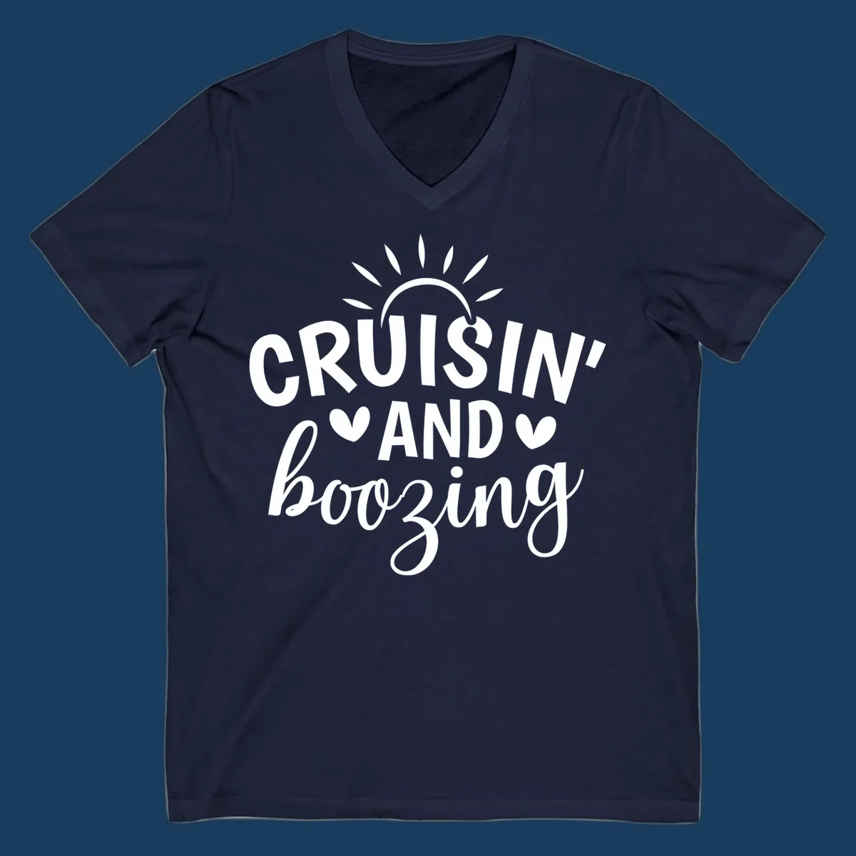 Cruisin' and Boozing text with sun and hearts graphic for a funny cruise shirt.