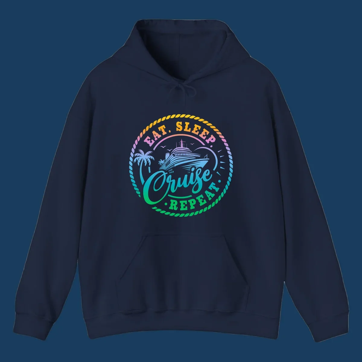 Eat Sleep Cruise Repeat badge design with cruise ship, palm trees, and rope border.
