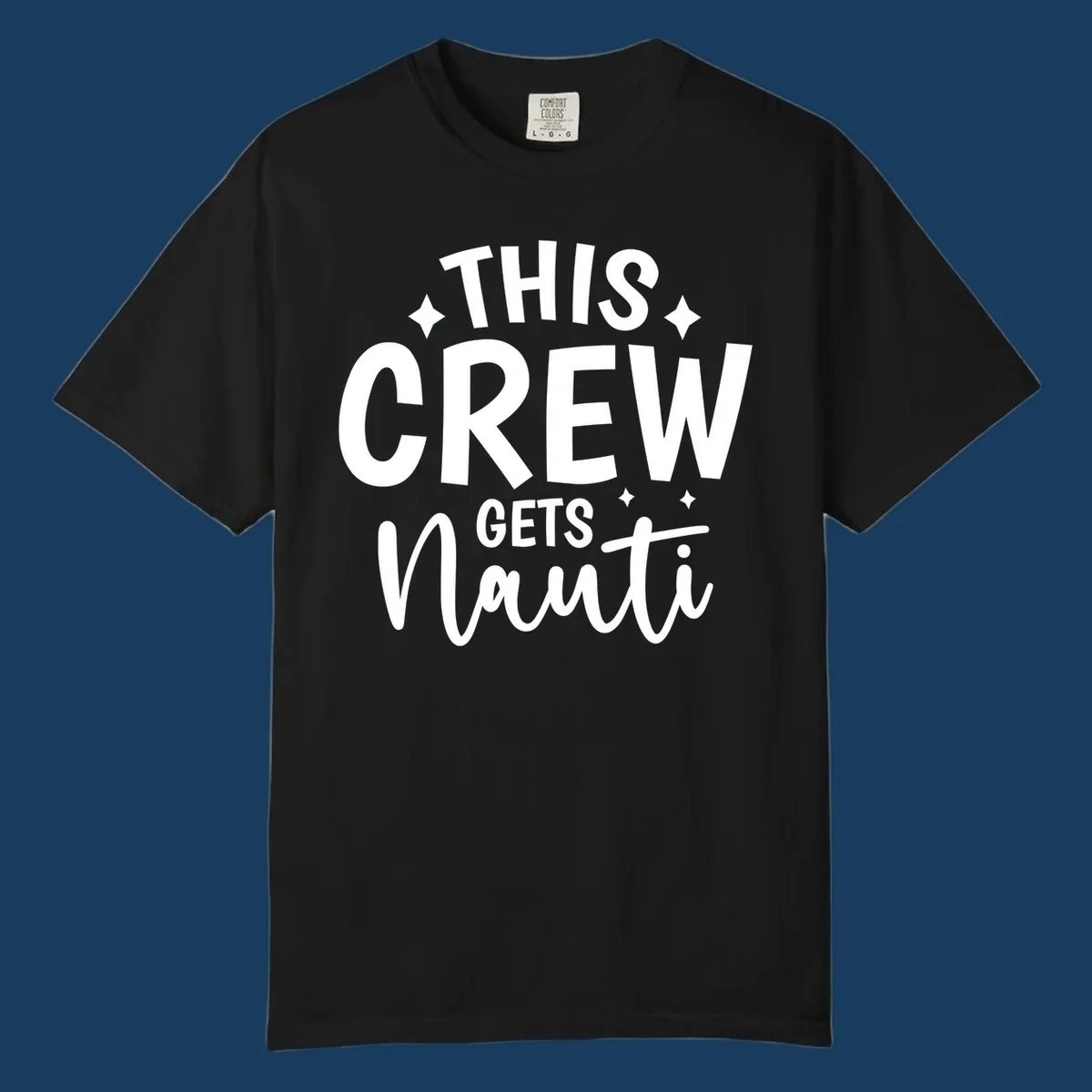 This Crew Gets Nauti funny cruise design with text and sparkle accents.