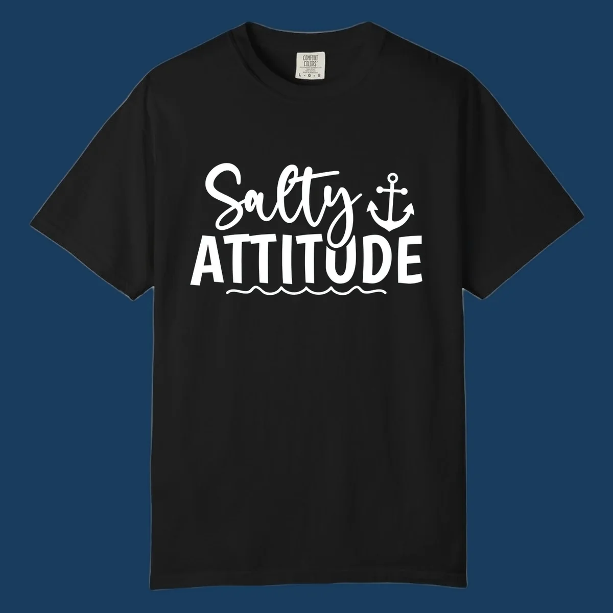 Salty attitude design with anchor and ocean waves for cruise shirts.