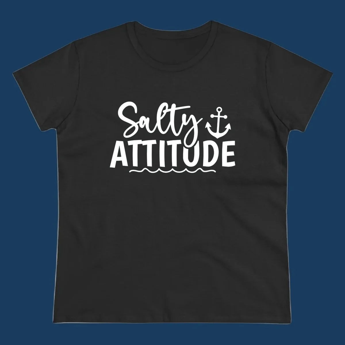 Salty attitude design with anchor and ocean waves for cruise shirts.