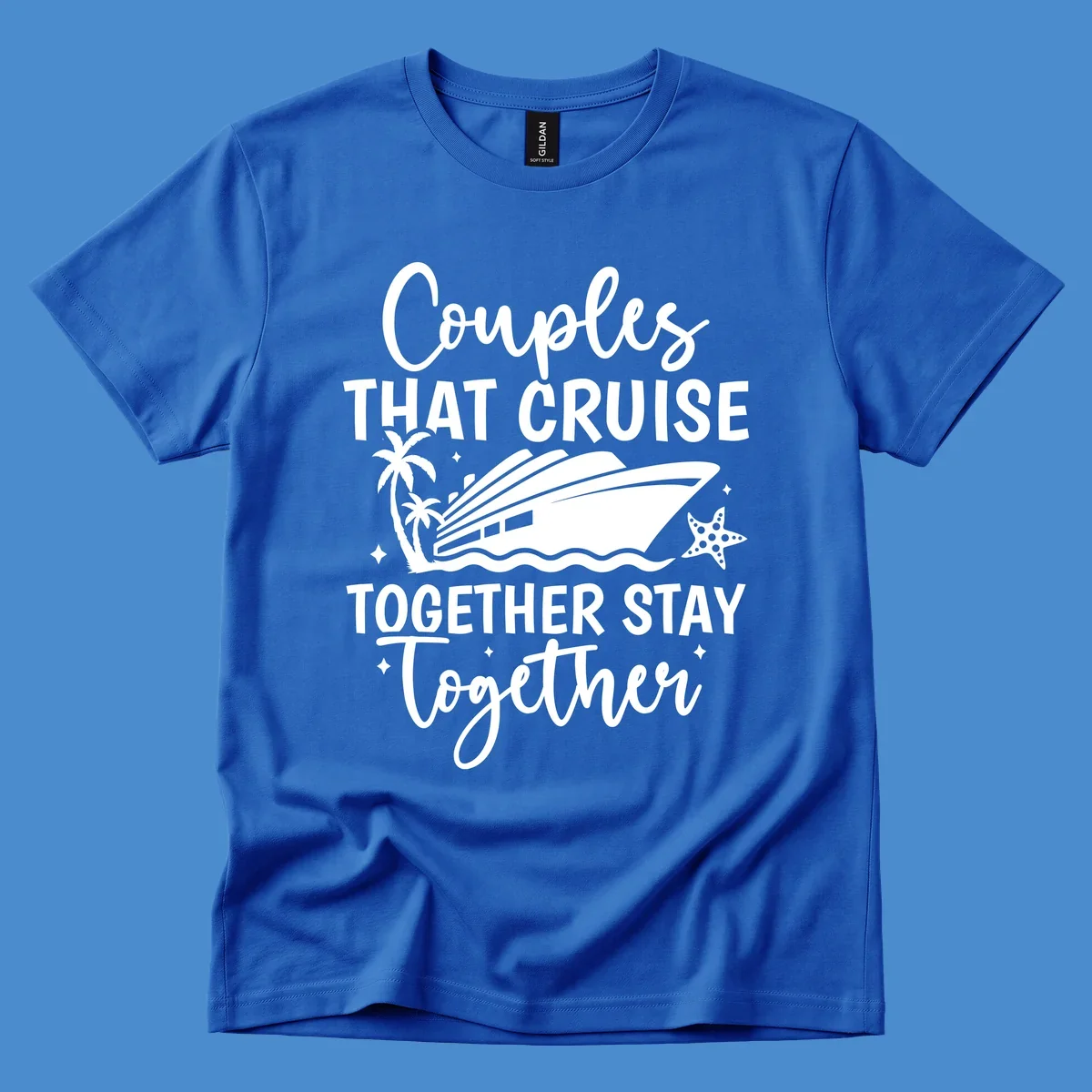 Couples that cruise together stay together text with cruise ship, palm trees, and starfish illustration.