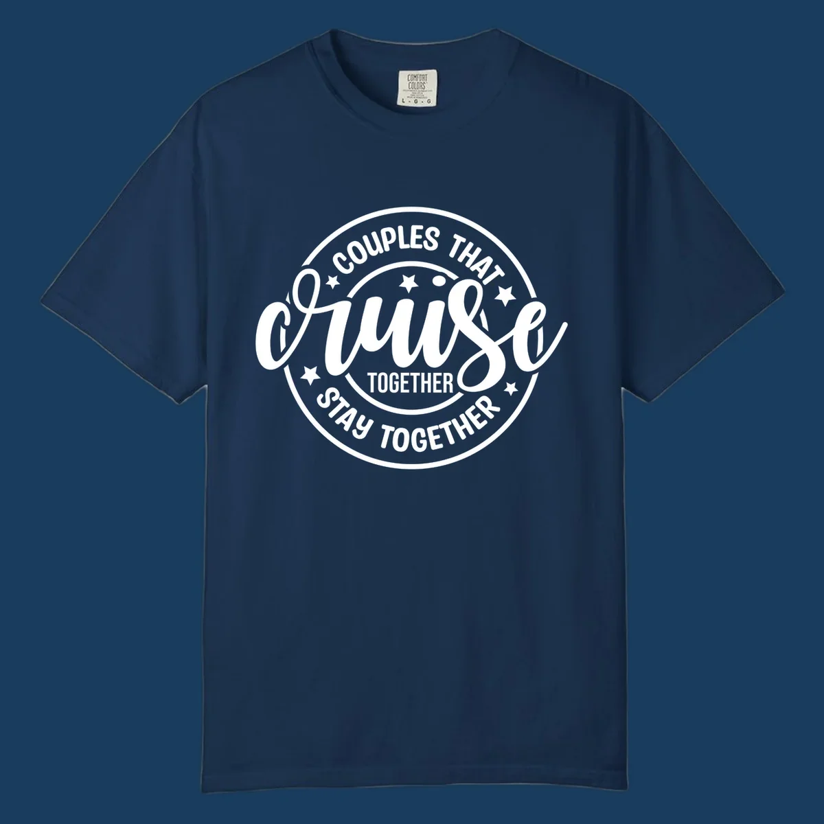Couples That Cruise Together badge design with text and stars.