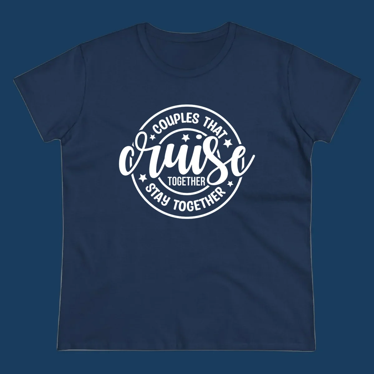 Couples That Cruise Together badge design with text and stars.