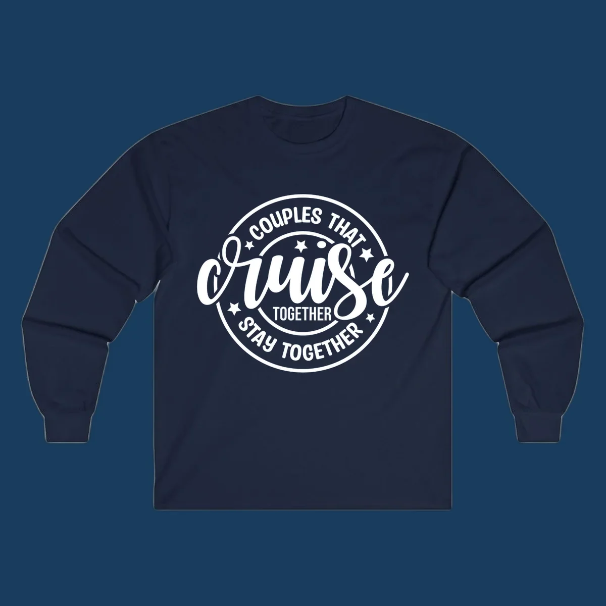 Couples That Cruise Together badge design with text and stars.