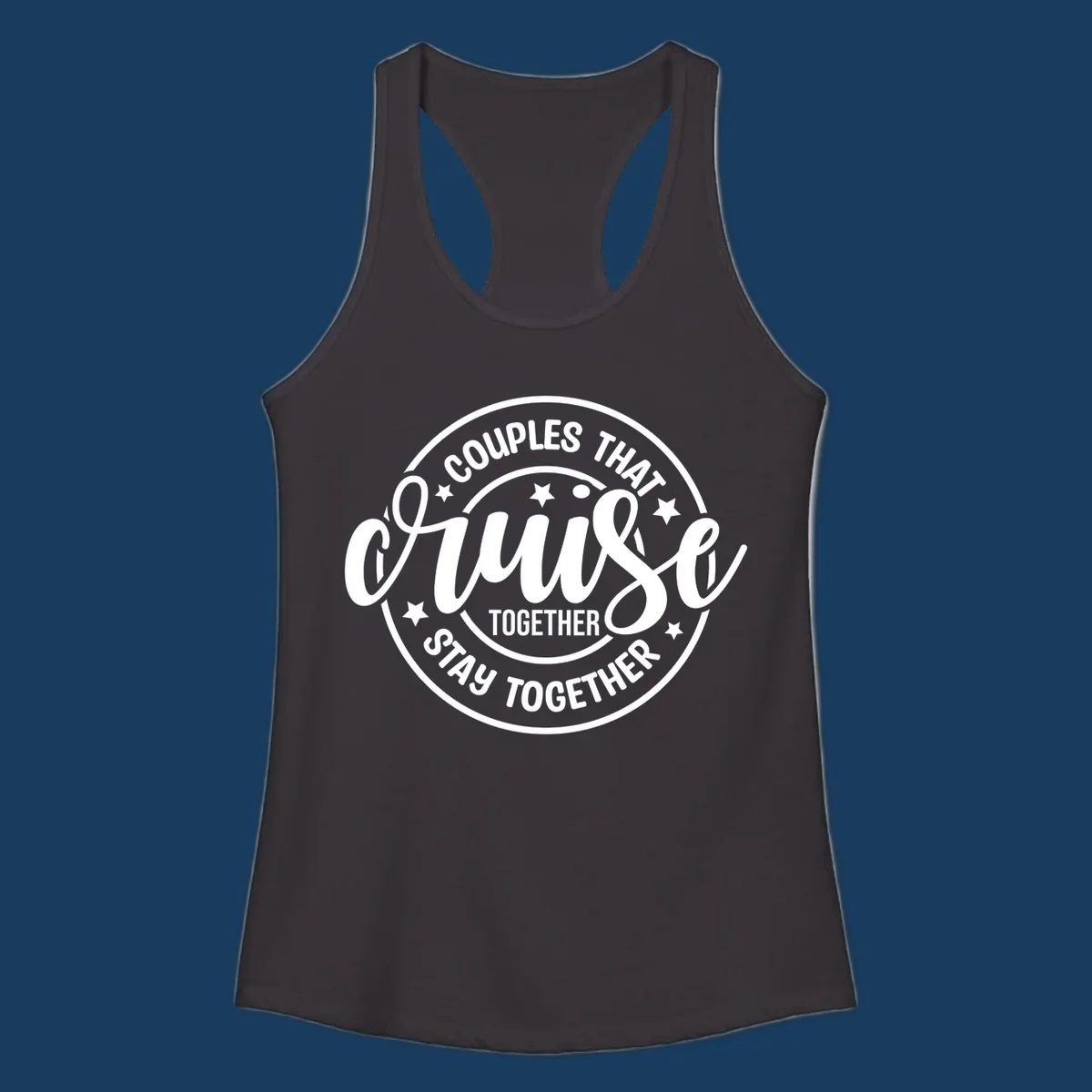 Couples That Cruise Together badge design with text and stars.
