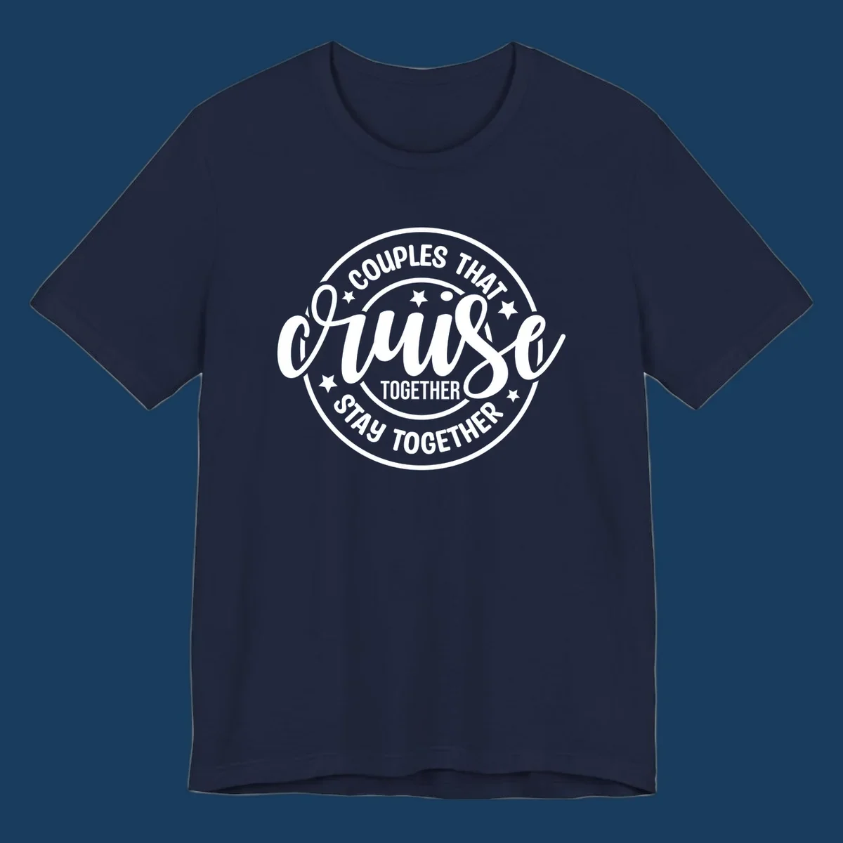 Couples That Cruise Together badge design with text and stars.