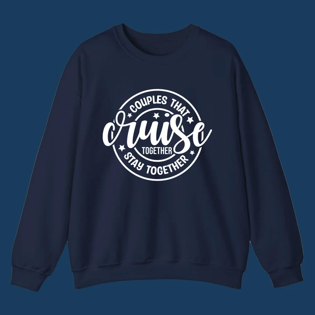 Couples That Cruise Together badge design with text and stars.