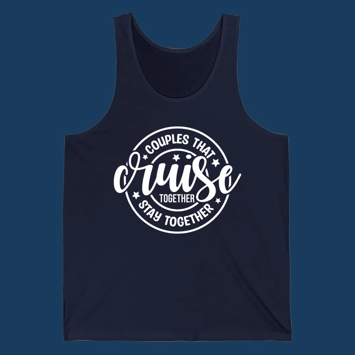 Couples That Cruise Together badge design with text and stars.