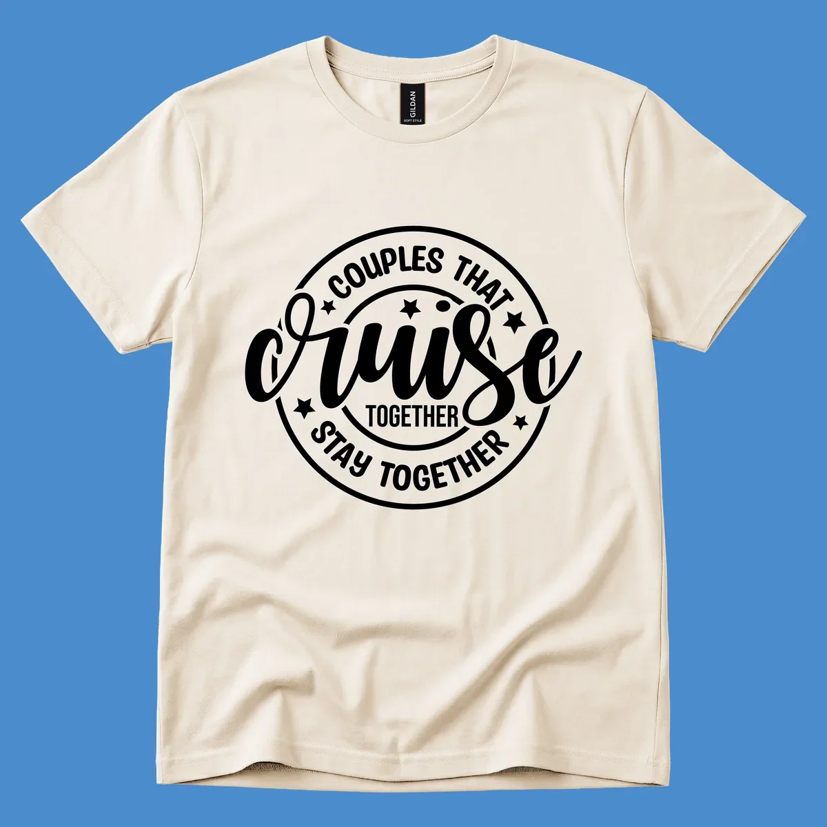 Couples That Cruise Together badge design with text and stars.