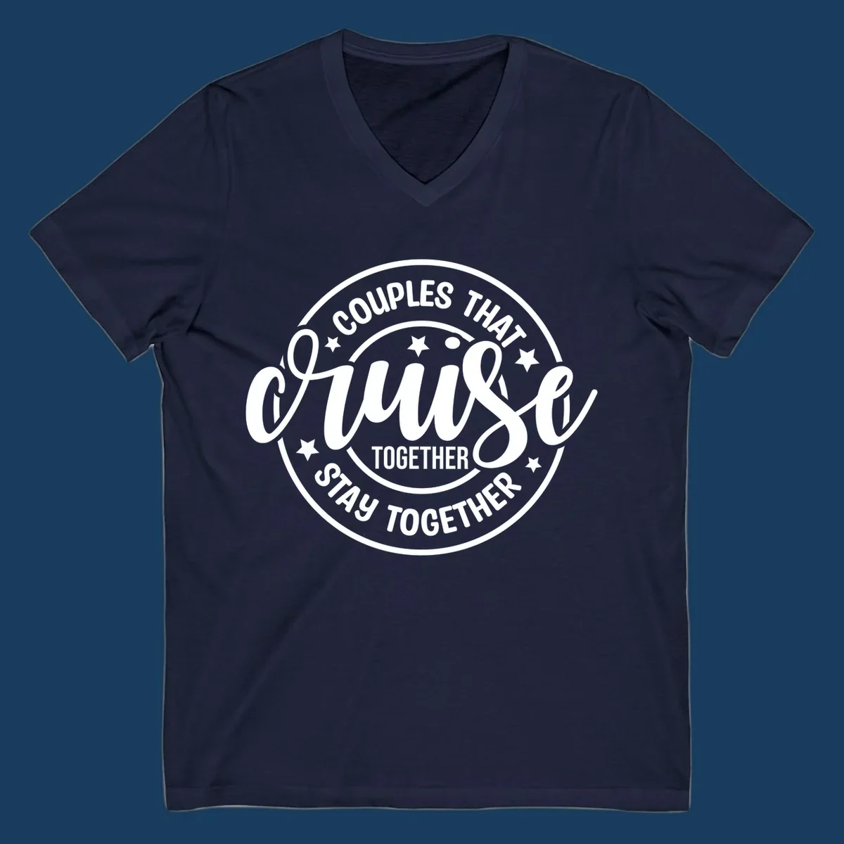 Couples That Cruise Together badge design with text and stars.