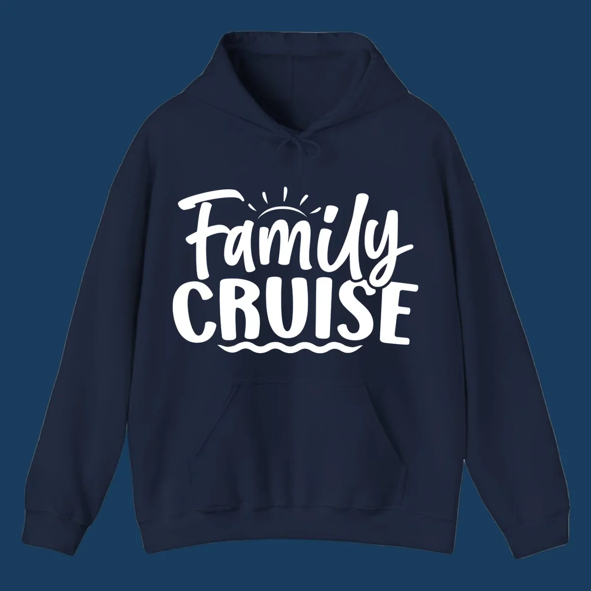 Family cruise text design with sun and waves.
