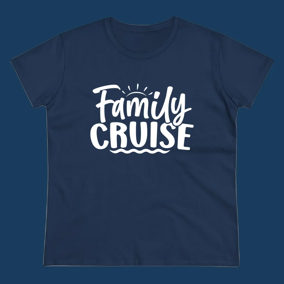 Family cruise text design with sun and waves.
