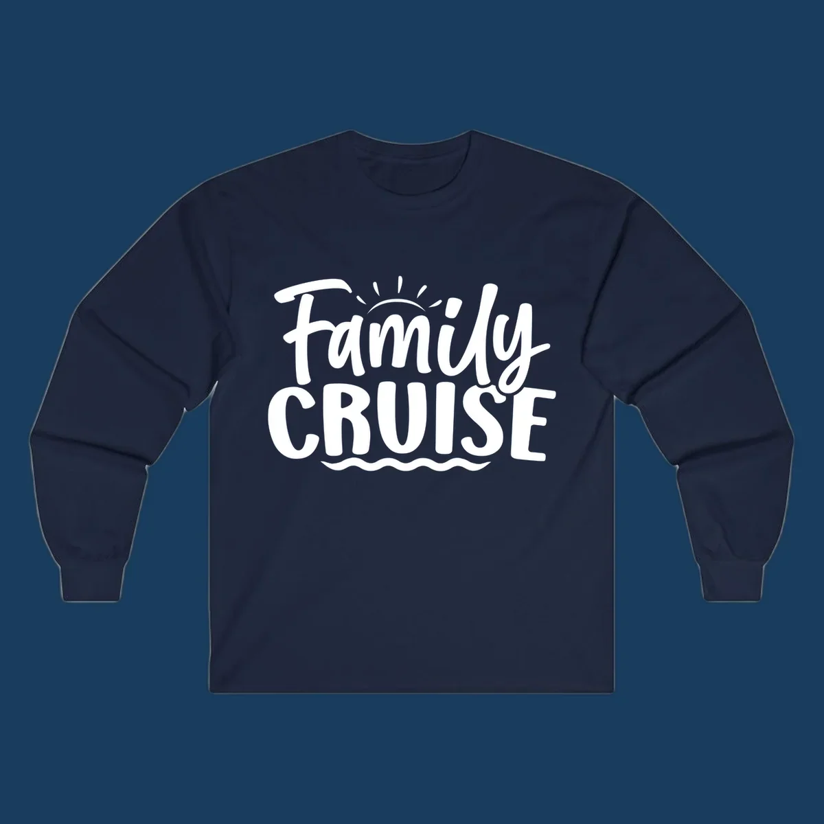 Family cruise text design with sun and waves.