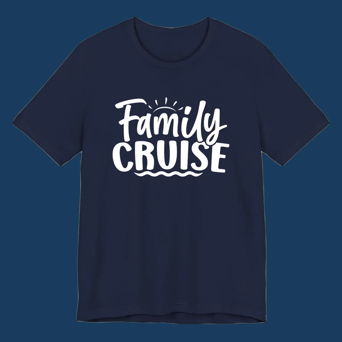 Family cruise text design with sun and waves.