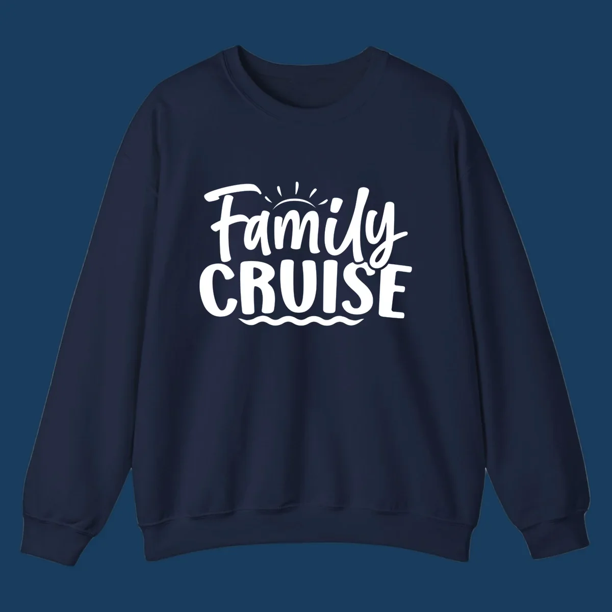 Family cruise text design with sun and waves.