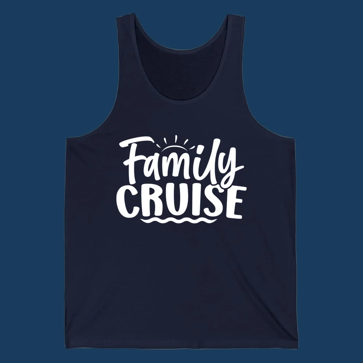 Family cruise text design with sun and waves.