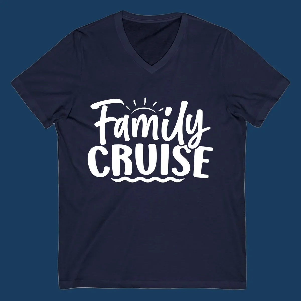 Family cruise text design with sun and waves.