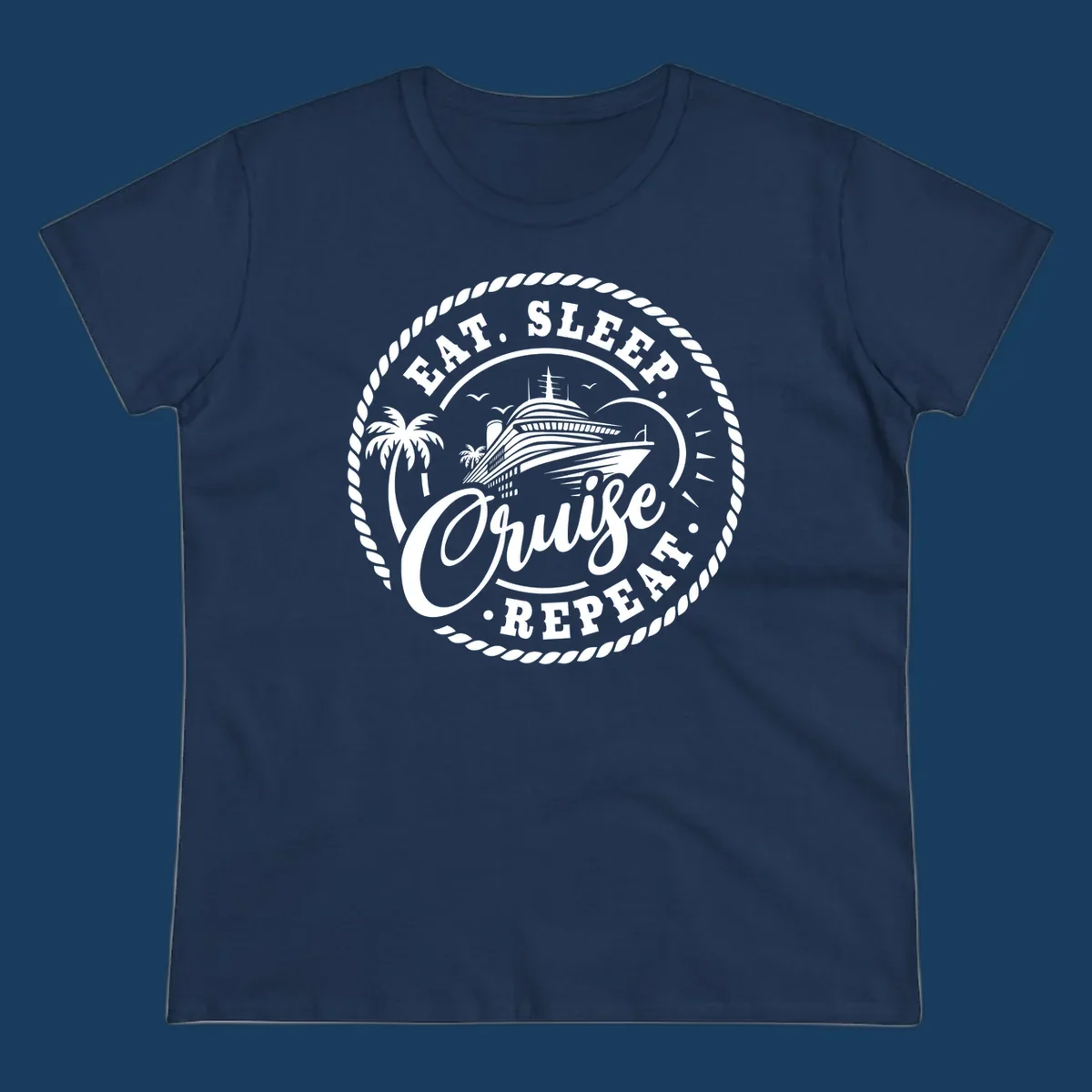 Eat sleep cruise repeat badge design with cruise ship and palm trees.