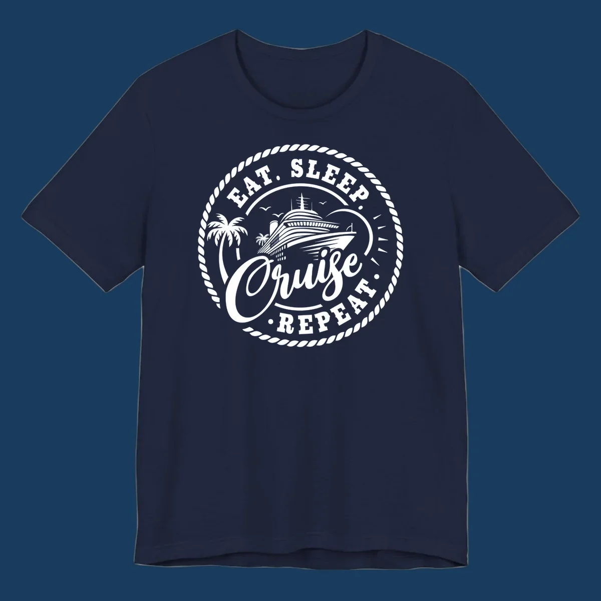 Eat sleep cruise repeat badge design with cruise ship and palm trees.