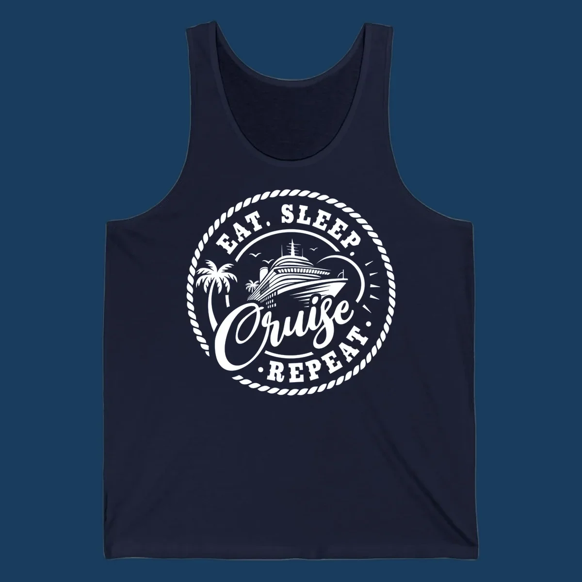 Eat sleep cruise repeat badge design with cruise ship and palm trees.