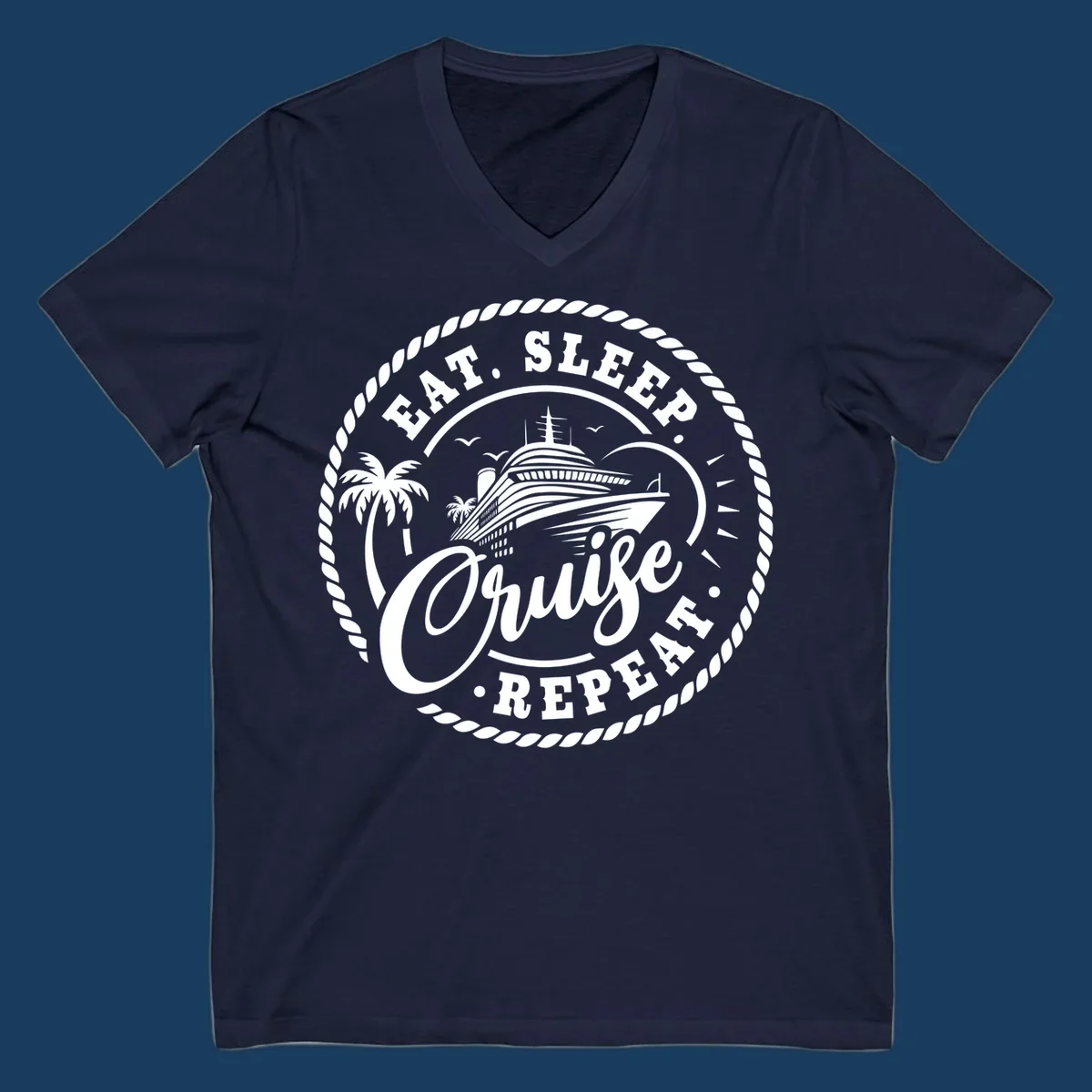 Eat sleep cruise repeat badge design with cruise ship and palm trees.