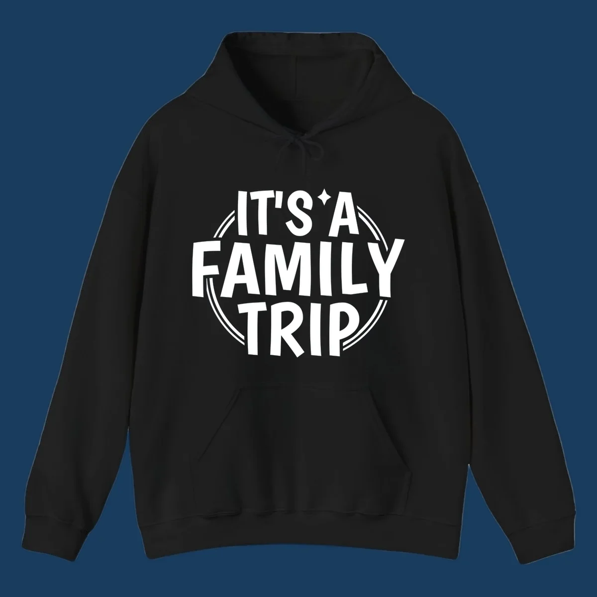 Text graphic 'IT'S A FAMILY TRIP' in white, bold lettering, inside a double circle.