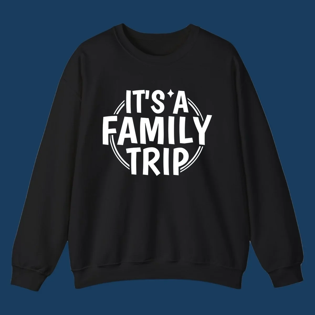 Text graphic 'IT'S A FAMILY TRIP' in white, bold lettering, inside a double circle.
