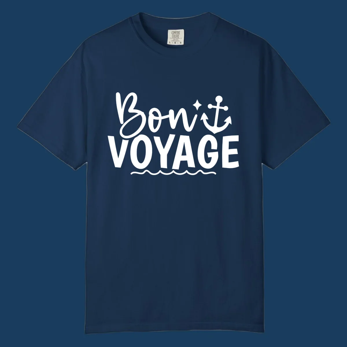 Bon Voyage text with anchor and waves graphic