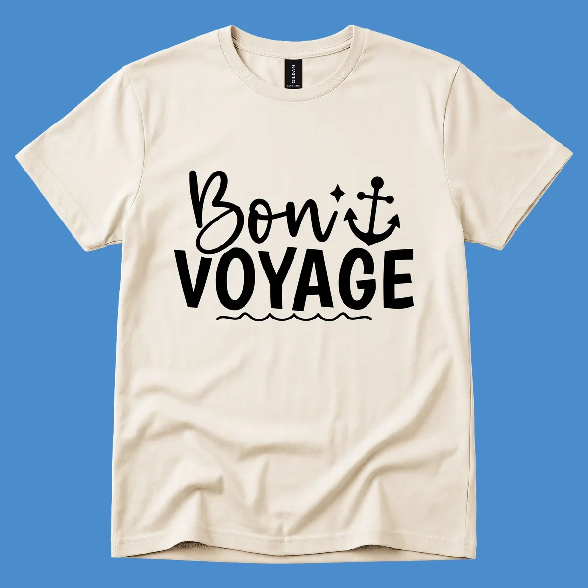 Bon Voyage text with anchor and waves graphic