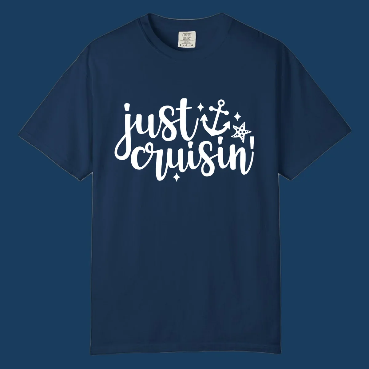 Just Cruisin' nautical anchor and starfish design in white.