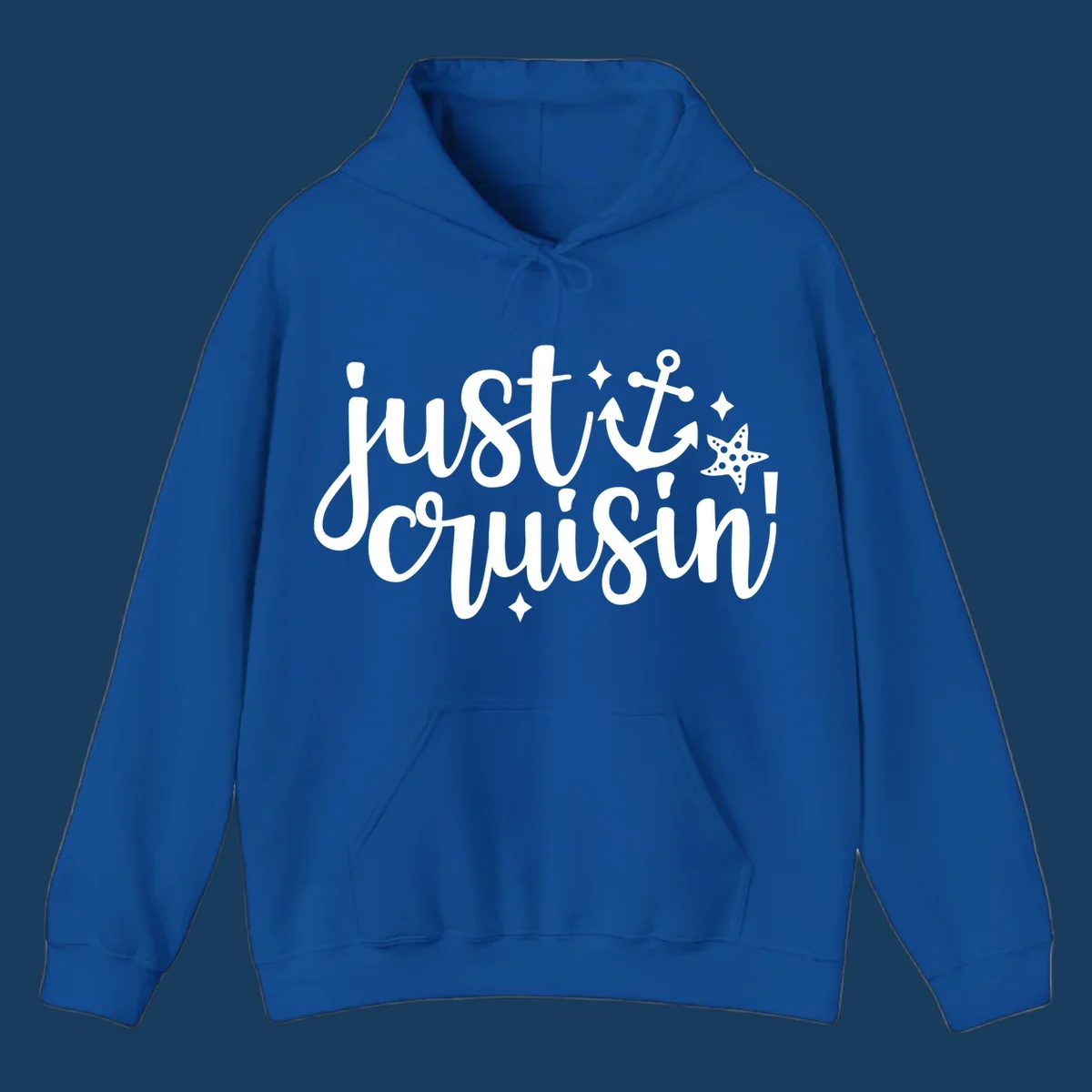 Just Cruisin' nautical anchor and starfish design in white.