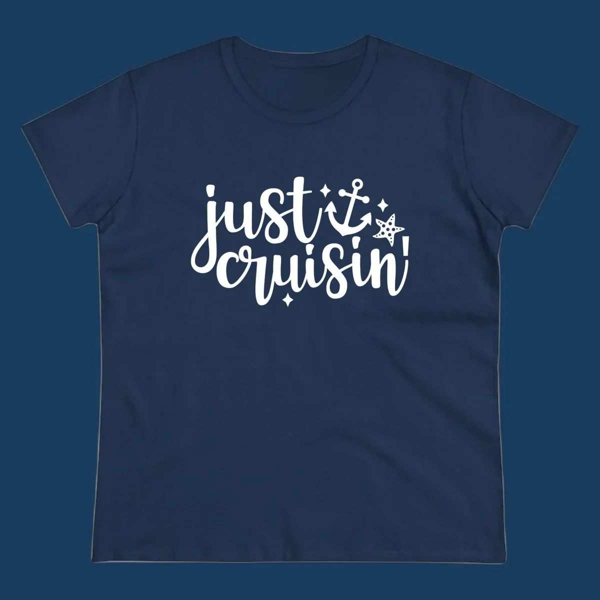 Just Cruisin' nautical anchor and starfish design in white.