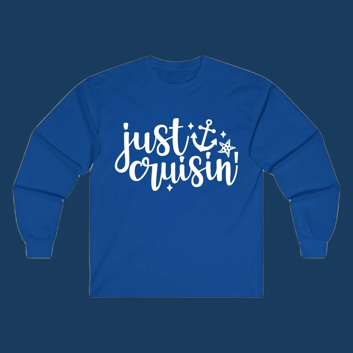 Just Cruisin' nautical anchor and starfish design in white.