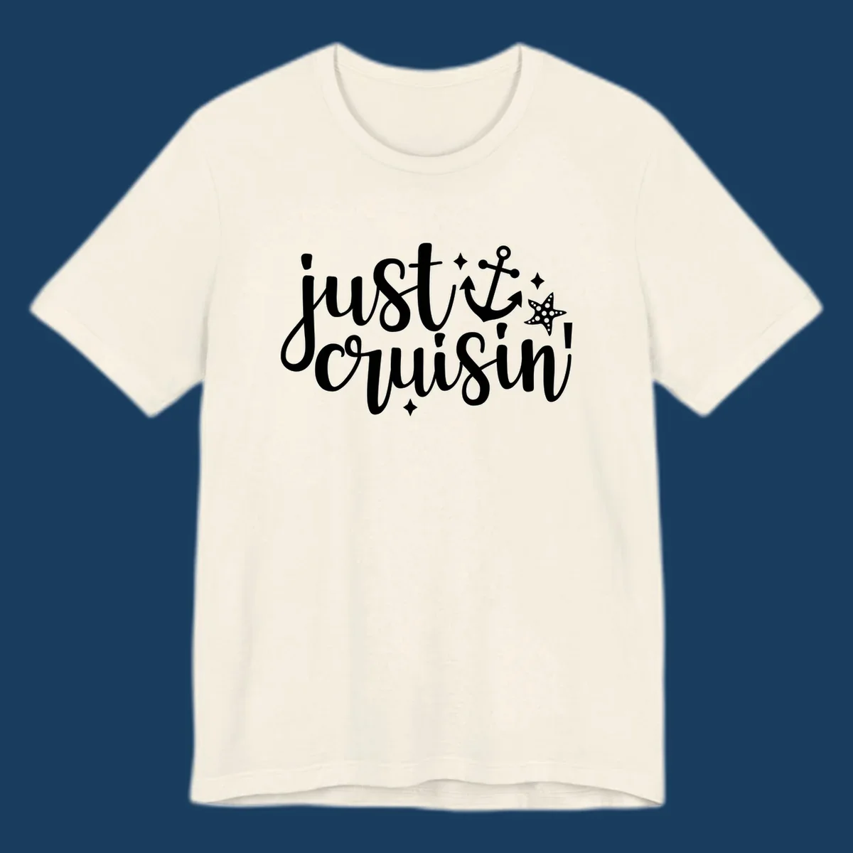 Just Cruisin' nautical anchor and starfish design in white.