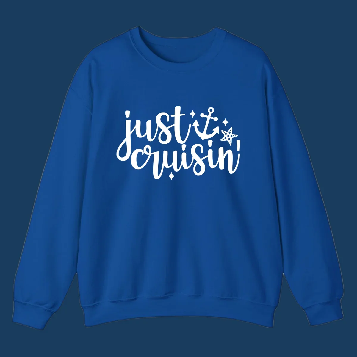 Just Cruisin' nautical anchor and starfish design in white.