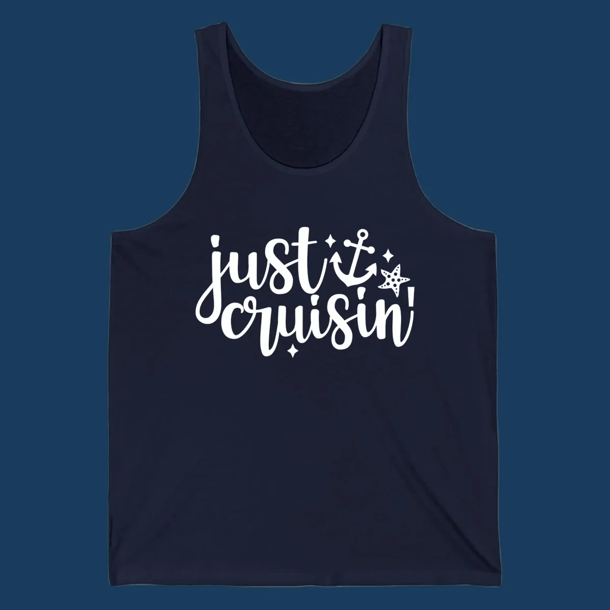 Just Cruisin' nautical anchor and starfish design in white.