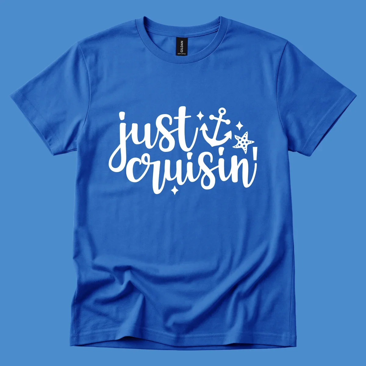 Just Cruisin' nautical anchor and starfish design in white.