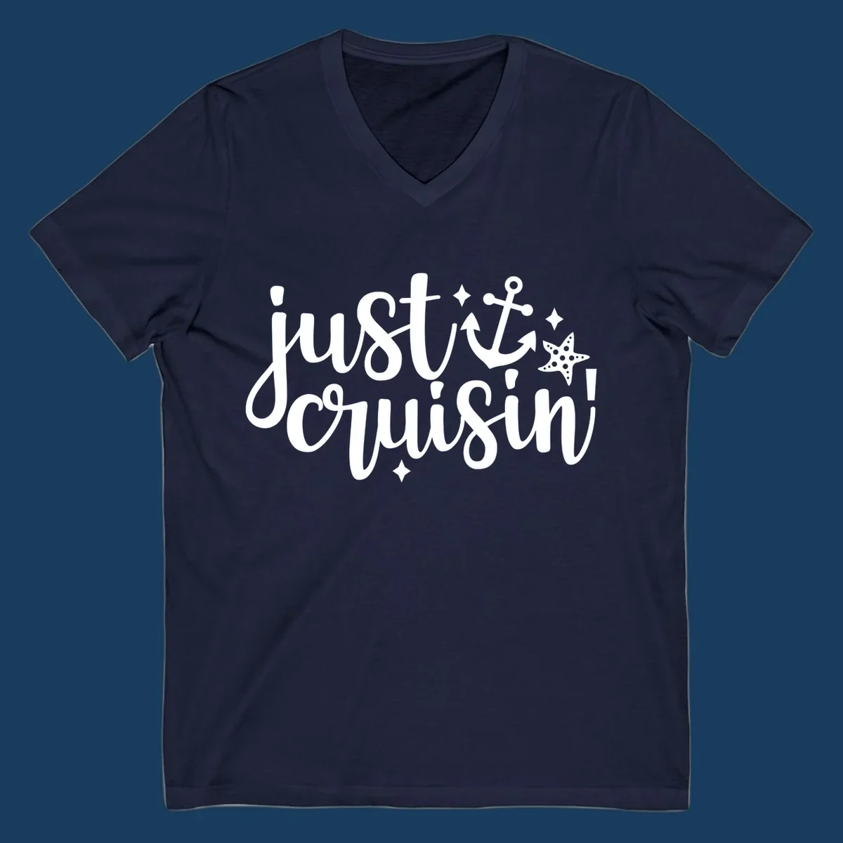 Just Cruisin' nautical anchor and starfish design in white.