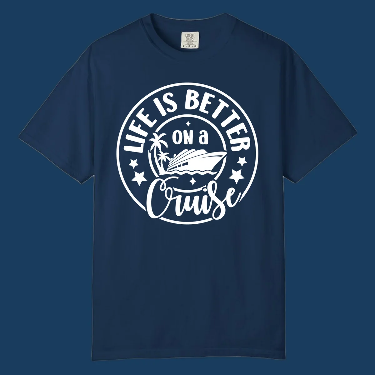 Circular badge design with text 'Life Is Better On A Cruise' and cruise ship illustration. Primary keyword: life-better-cruise.