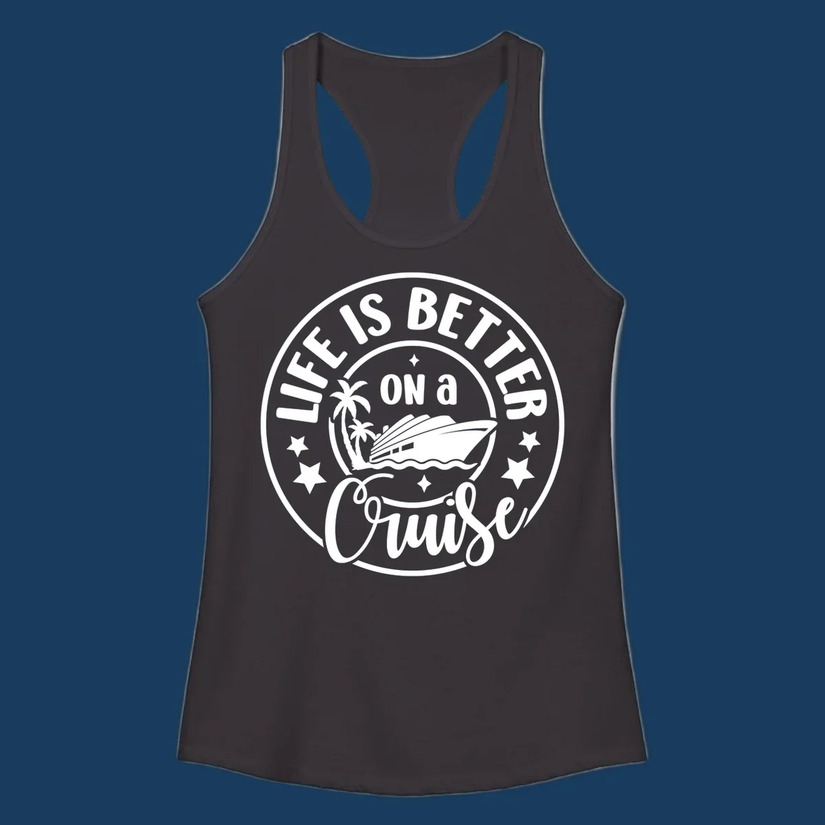 Circular badge design with text 'Life Is Better On A Cruise' and cruise ship illustration. Primary keyword: life-better-cruise.