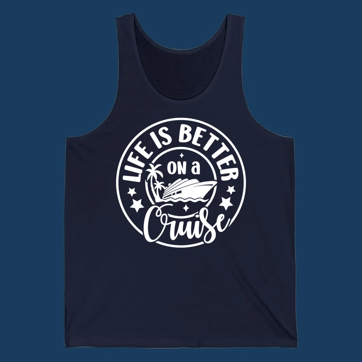 Circular badge design with text 'Life Is Better On A Cruise' and cruise ship illustration. Primary keyword: life-better-cruise.