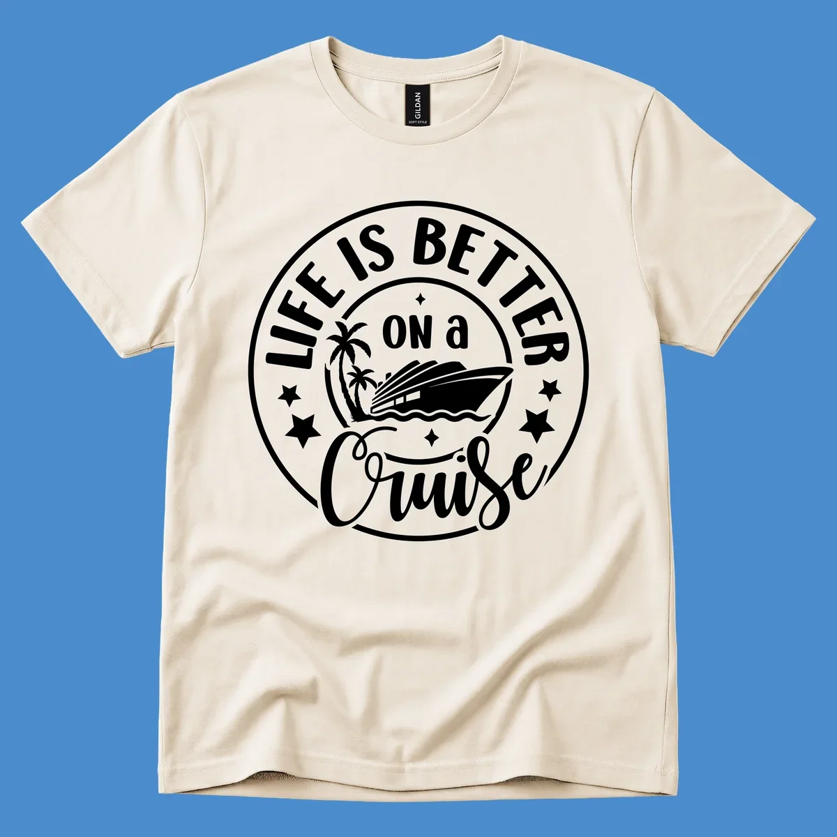 Circular badge design with text 'Life Is Better On A Cruise' and cruise ship illustration. Primary keyword: life-better-cruise.