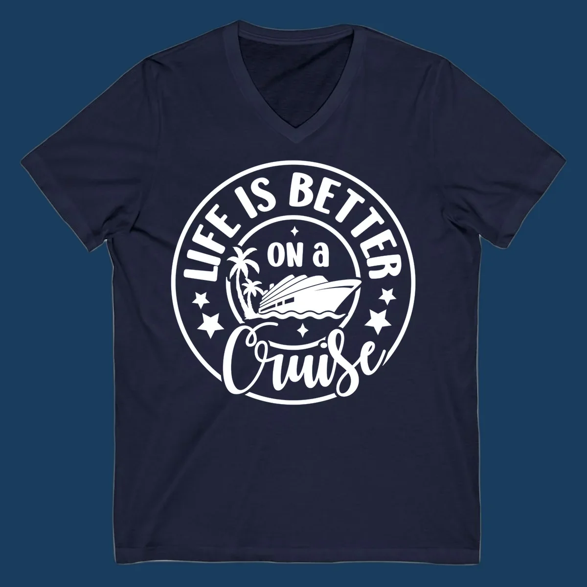 Circular badge design with text 'Life Is Better On A Cruise' and cruise ship illustration. Primary keyword: life-better-cruise.