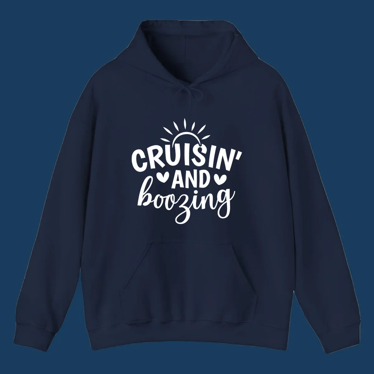 Cruisin and Boozing text with sun and hearts graphic